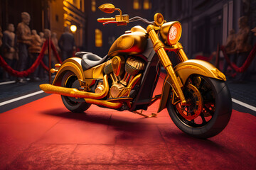 Unrealistically unrealistic expensive private golden shining color motorcycle at the red carpet at the show and event. Generative AI