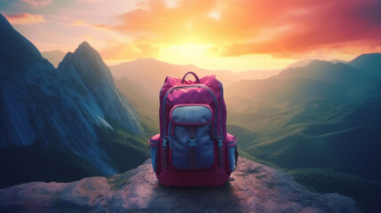 Travel backpack with landscape view of mountain With a bright atmosphere and a ray of sun Generative AI illustrations
