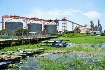 Silos for soy and bran storage at the port of the Amazon city of Santarém, state of Pará, Brazil.