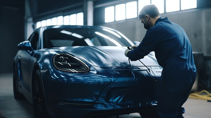 A man in a suit paints a car