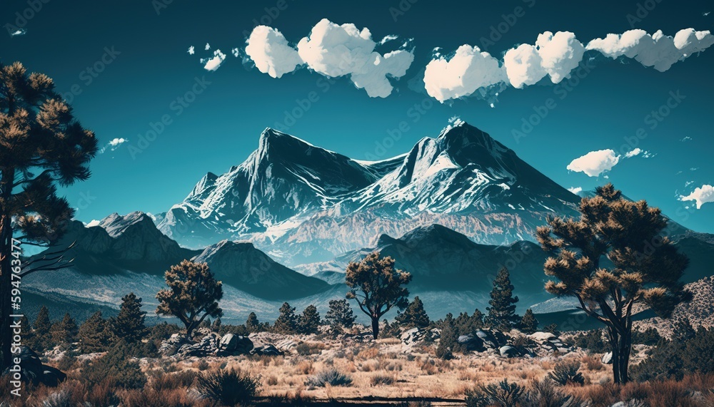 Poster mountain range in the distance with trees and a blue sky with white clouds. generative ai