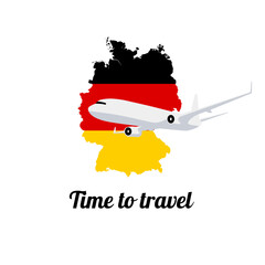 Plane on the Germany map painted in national flag colors. Travel poster template. Flying airplane. Vector illustration.