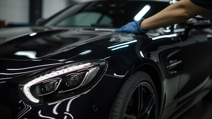 Fototapeta na wymiar Close-up of a professional detailer applying wax or sealant to a car's paintwork, using a foam applicator pad. Showcasing the process of protecting and enhancing the vehicle's finish with a glossy coa
