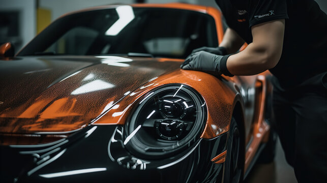 Close-up of a professional detailer applying wax or sealant to a car's paintwork, using a foam applicator pad. Showcasing the process of protecting and enhancing the vehicle's finish with a glossy coa