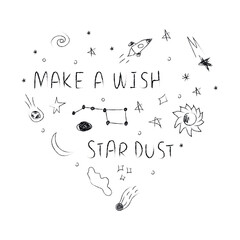 Doodle heart-shaped cosmos illustration set in childish style with lettering, design clipart. Hand drawn abstract space elements. Black and white.