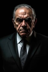 Obraz premium Serious senior man wearing a suit looking at the camera on black background. Generative AI