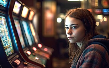 Serious sad young woman posing near slot machines in a casino. Generative AI