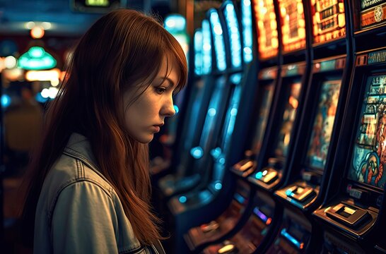 Serious sad young woman posing near slot machines in a casino. Generative AI
