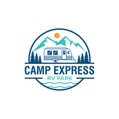 Rv Park caravan Camp with evergreen fir pine tree and mountain lake, landscape nature illustration logo design inspiration