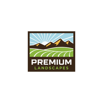 premium landscape organic agriculture with mountain view sun shining badge logo design vector