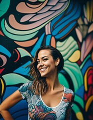 a young beautiful woman stands in front of a wall covered with graffiti created with Generative AI technology