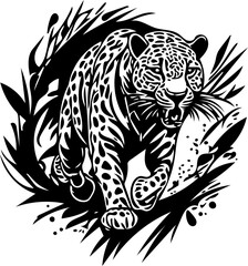 Attacking leopard vector illustration in black and white, chasing prey