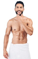 Portrait, shower or happy man with six pack, body or smile isolated on transparent png background. Wellness, cleaning or fitness model with strong muscles, skincare or grooming for beauty in towel