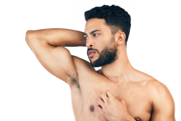 Fitness, bicep and man flexing muscle isolated on transparent, png background for health, wellness and exercise. Sports, workout and arm muscles, male model with power and healthy body care mindset.