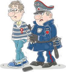 Annoyed and suspicious cop arresting a perplexed guy while patrolling on a street of a town, vector cartoon illustration isolated on a white background