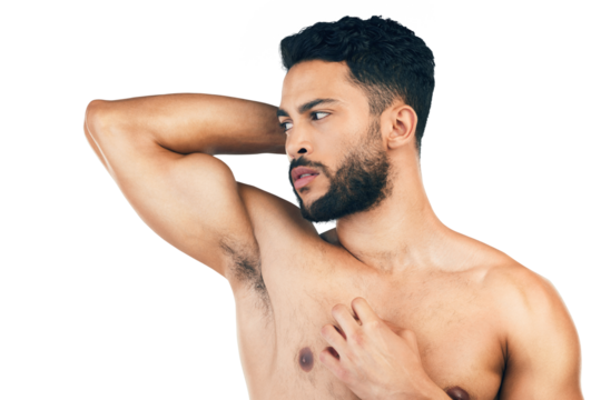 Fitness, bicep and man flexing muscle isolated on transparent, png background for health, wellness and exercise. Sports, workout and arm muscles, male model with power and healthy body care mindset.