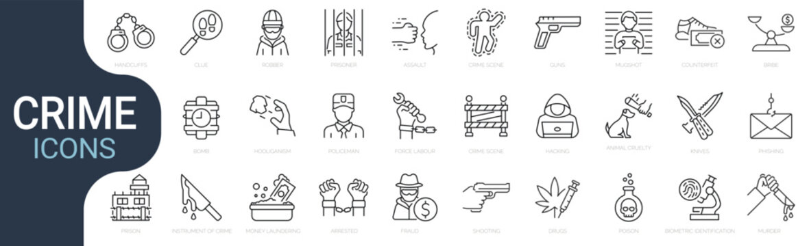 Set of line icons related to crime, criminal, illegal. Outline icon collection. Editable stroke. Vector illustration