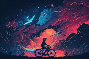 person riding a bicycle of landscape with the moon Created with generative AI technology
