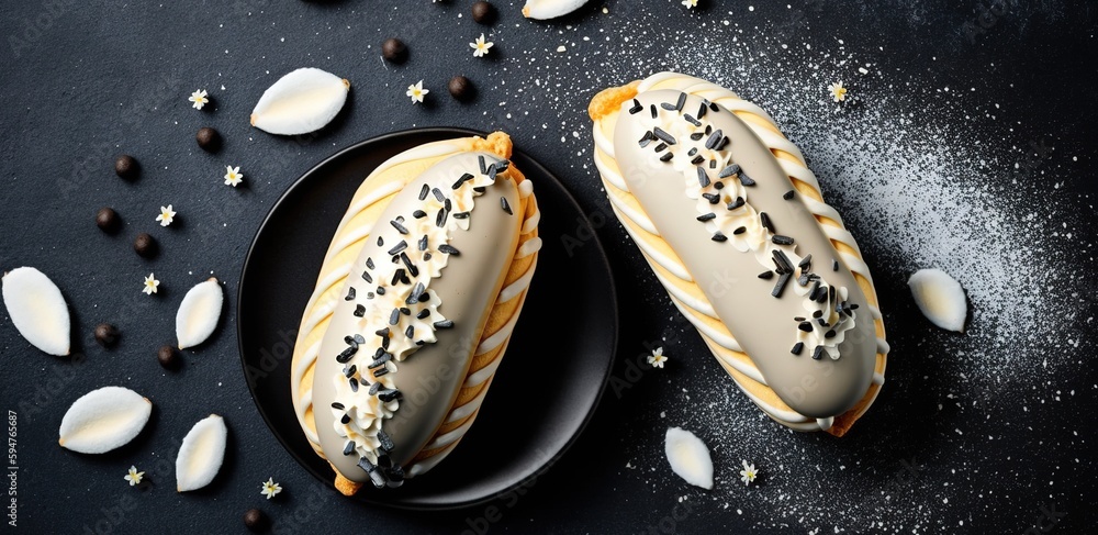 Poster cream and poppy seed-filled eclairs blank space for text in the top view generative ai