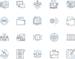 Corporate education line icons collection. Training, Workshops, Seminars, Learning, Development, Coaching, Instruction vector and linear illustration. Consultation,Leadership,Management outline signs - obrazy, fototapety, plakaty