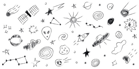 Doodle cosmos illustration set in childish style, design clipart. Hand drawn abstract space elements. Black and white.