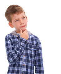 Thinking, curious and boy child with idea on isolated, png and transparent background with...