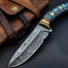 Handmade Damascus steel knife. AI generative.