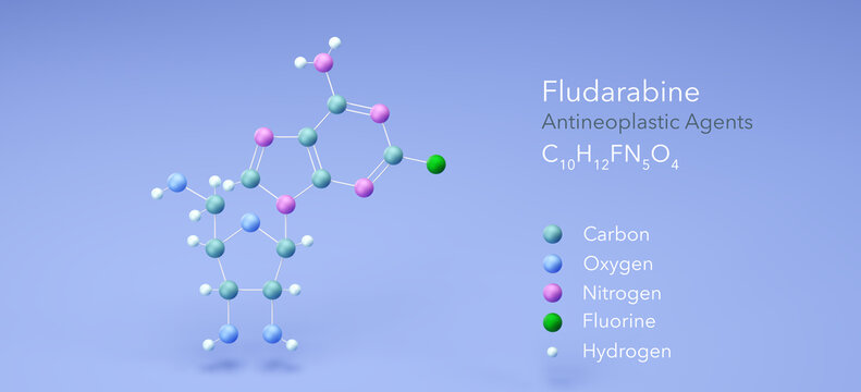 fludarabine molecule, molecular structures, antineoplastic agents, 3d model, Structural Chemical Formula and Atoms with Color Coding