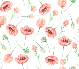 Watercolor seamless pattern. Floral pattern . Design with wild flowers. Meadow flowers. Botanical ornament . Design with pink flowers for fabric, textile, backgrounds, home decor, bedding, package.
