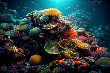 Fototapeta na wymiar Bizarrely beautiful underwater life, Generative AI. Small fish, various marine plants and microorganisms, and algae. Underwater life scenes. Illustration AI