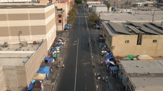 Drone view over a homeless area by streets in Los Angeles