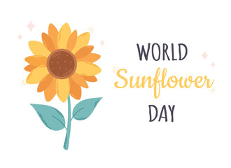 World Sunflower Day, May 1. Beautiful sunflower with green leaves. Hand drawn vector illustration