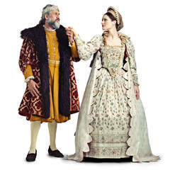 Medieval costume, king and queen holding hands at vintage wedding, theatre couple in performance...