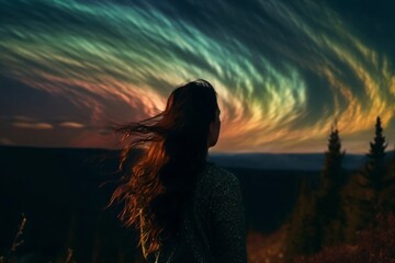 Obraz na płótnie Canvas a woman with long hair looks at colorful polar lights created with Generative AI technology