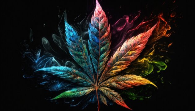 Colorful smoke marijuana weed leaf background concept generative ia