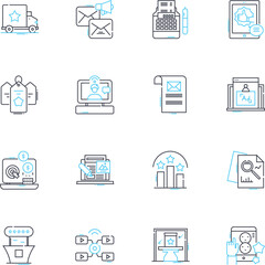Public strategy linear icons set. Outreach, Advocacy, Communications, Messaging, Engagement, Development, Publicity line vector and concept signs. Visibility,Branding,Lobbying outline illustrations