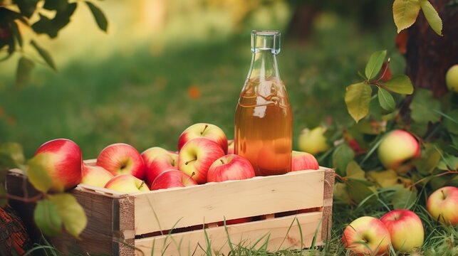 Apples, box of apples and pitcher of fresh apple juice