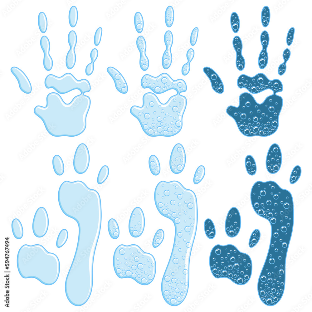 Poster set of color illustrations with alien footprint and handprint. isolated vector objects on white back