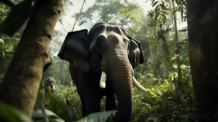 Fototapeta premium Elephant in a cinematic jungle forest background with beautiful colors generative ai