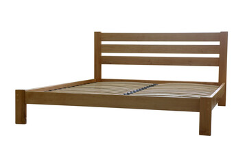 double wooden bed with slats, carved, cut out, isolated