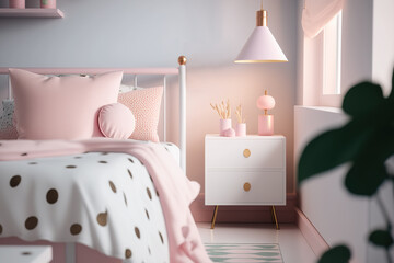 Modern and simple interior design for girl's bedroom in pastel pink color. Generative AI.