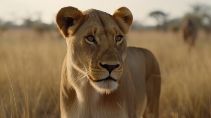 Fototapeta na wymiar Female Lion in a cinematic savanna background with beautiful colors generative ai
