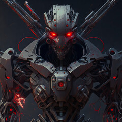 Robot with red eyes and weapons. Generative AI.