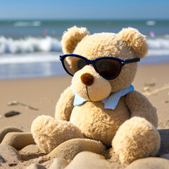 Bear with sunglasses on the beach. Generative AI.