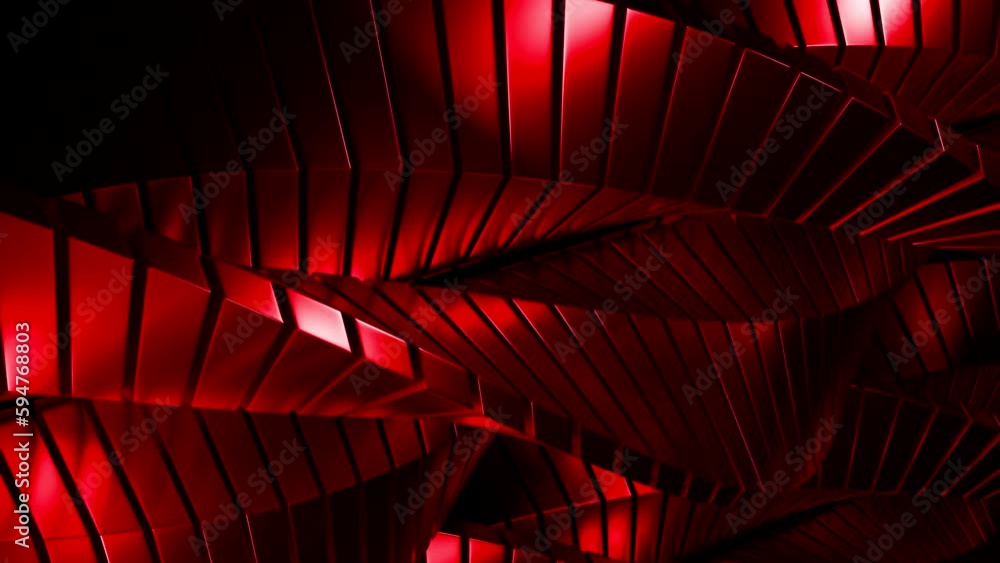 Poster bright red computer graphics. design. dark background with rotating red squares in different directi