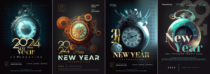 Obraz na płótnie Canvas Happy New Year 2024 Cover Design Poster. With the illustration of 3D clocks realistic fantasy style with strong colors. Premium vector design for celebrations and invitations.