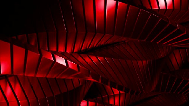 Bright red computer graphics. Design. Dark background with rotating red squares in different directions.