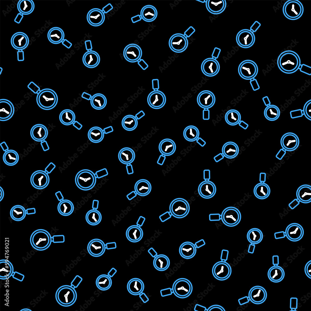 Aufkleber line magnifying glass with clock icon isolated seamless pattern on black background. vector
