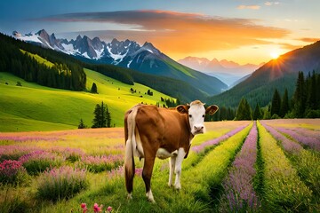 Fototapeta na wymiar art cow grazing in a mountain meadow
