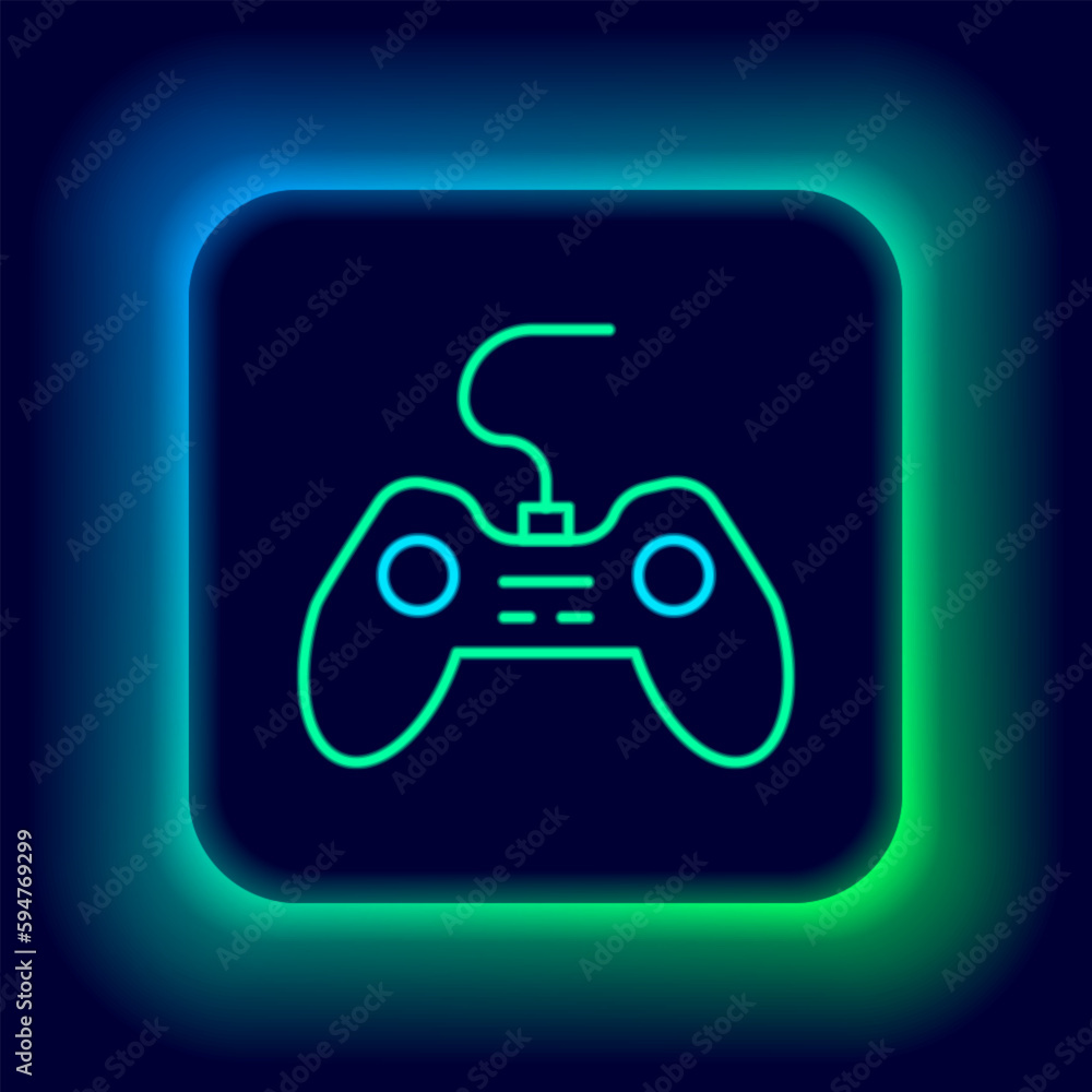 Poster glowing neon line gamepad icon isolated on black background. game controller. colorful outline conce